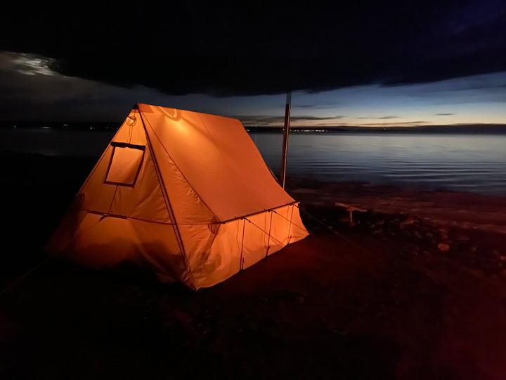 Snowtrekker 9x11.5 Basecamp Setup On slvae Lake Shore with Lights in Tent 