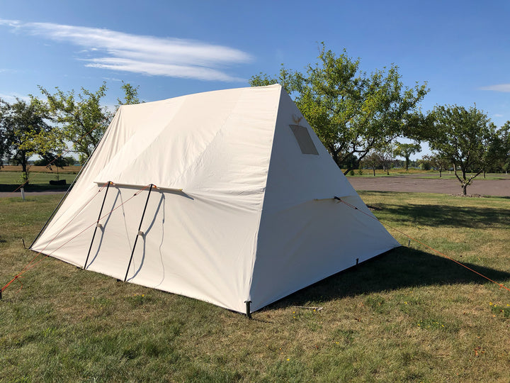 Snowtrekker 13x15 Mega Crew right Side And Back With Screen Window in backwall of tent trees in background