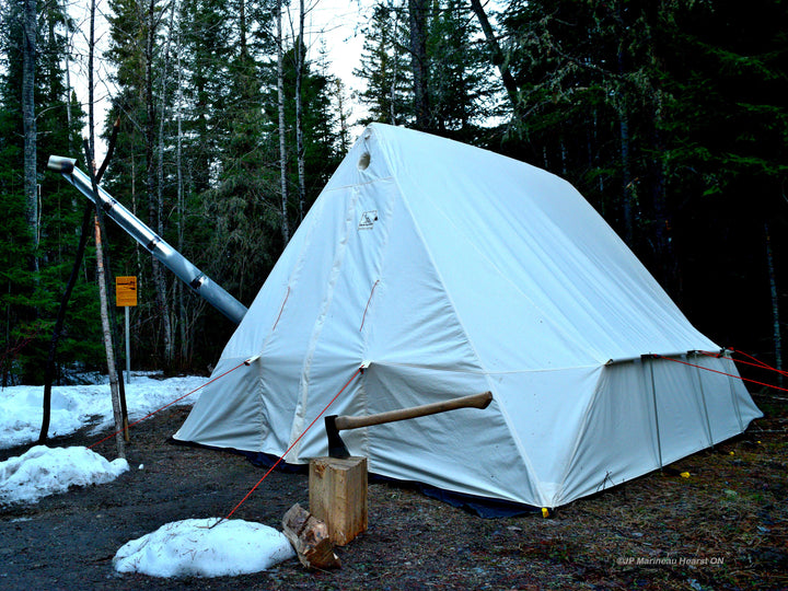 Snowtrekker 9x11.5 Shortwall Setup Near Snow log with axe in it in front of tent pine trees in background