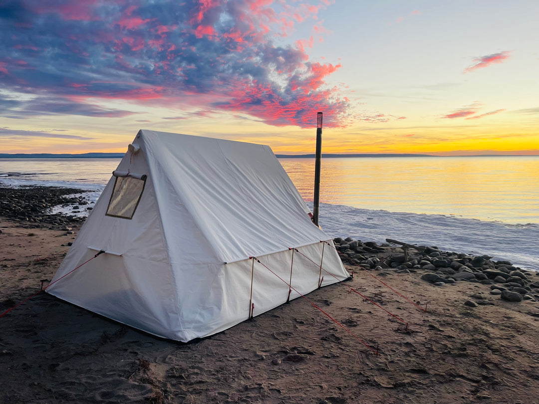 Snowtrekker 9x11.5 Basecamp Setup On slave Lake Shore in Canada with Clear Window in backwall of tent