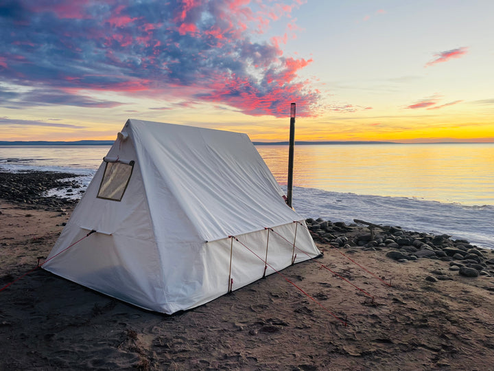 Snowtrekker 9x11.5 Basecamp Setup On slave Lake Shore in Canada with Clear Window in backwall of tent