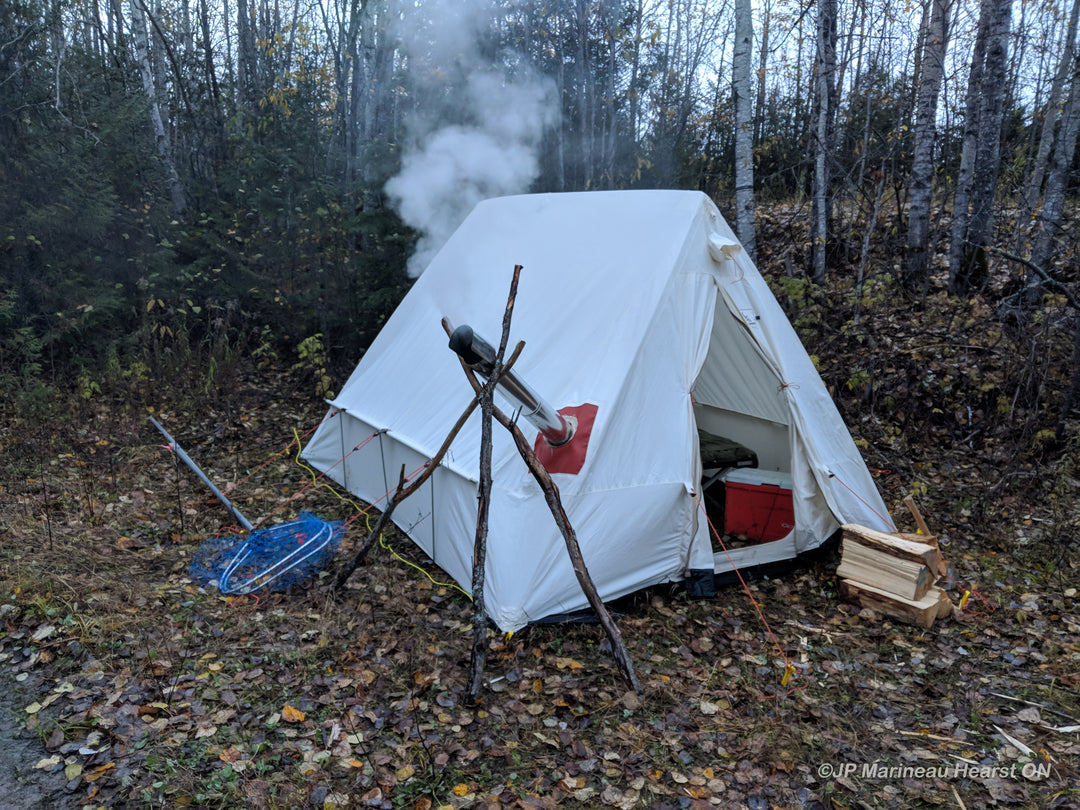 Snowtrekker 9x11.5 Shortwall With Door Open Smoke Coming Out Of Stove Pipe