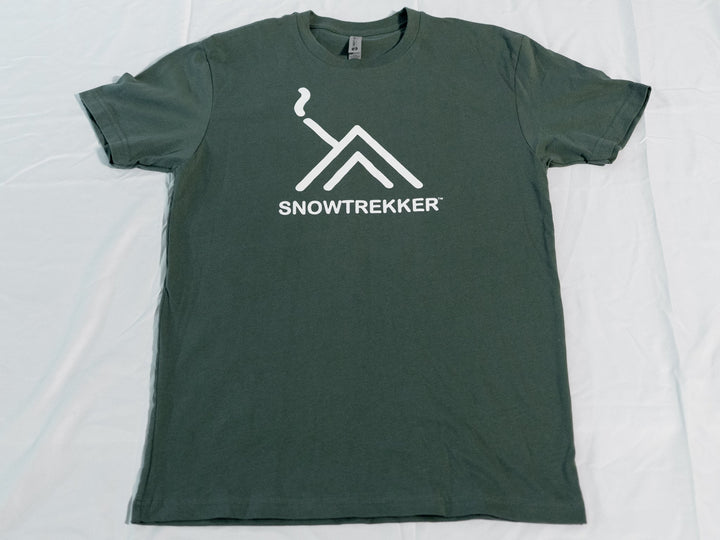 Green t-shirt with 'Snowtrekker' logo on a white background