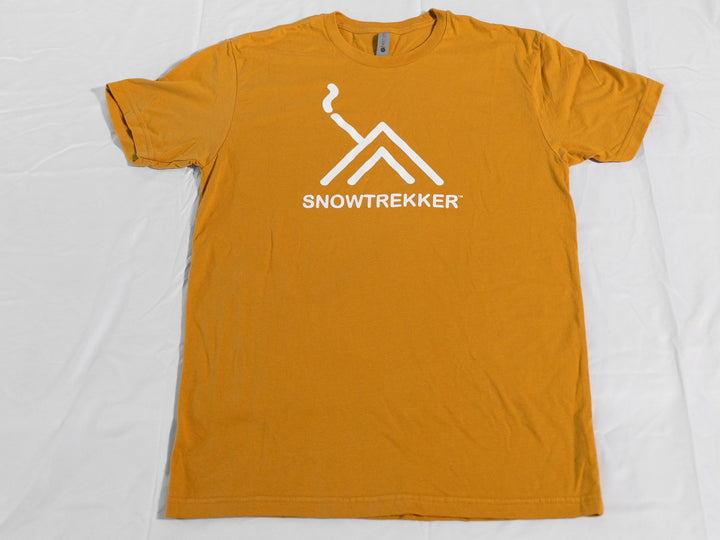 Mustard yellow t-shirt with 'Snowtrekker' logo on a white background