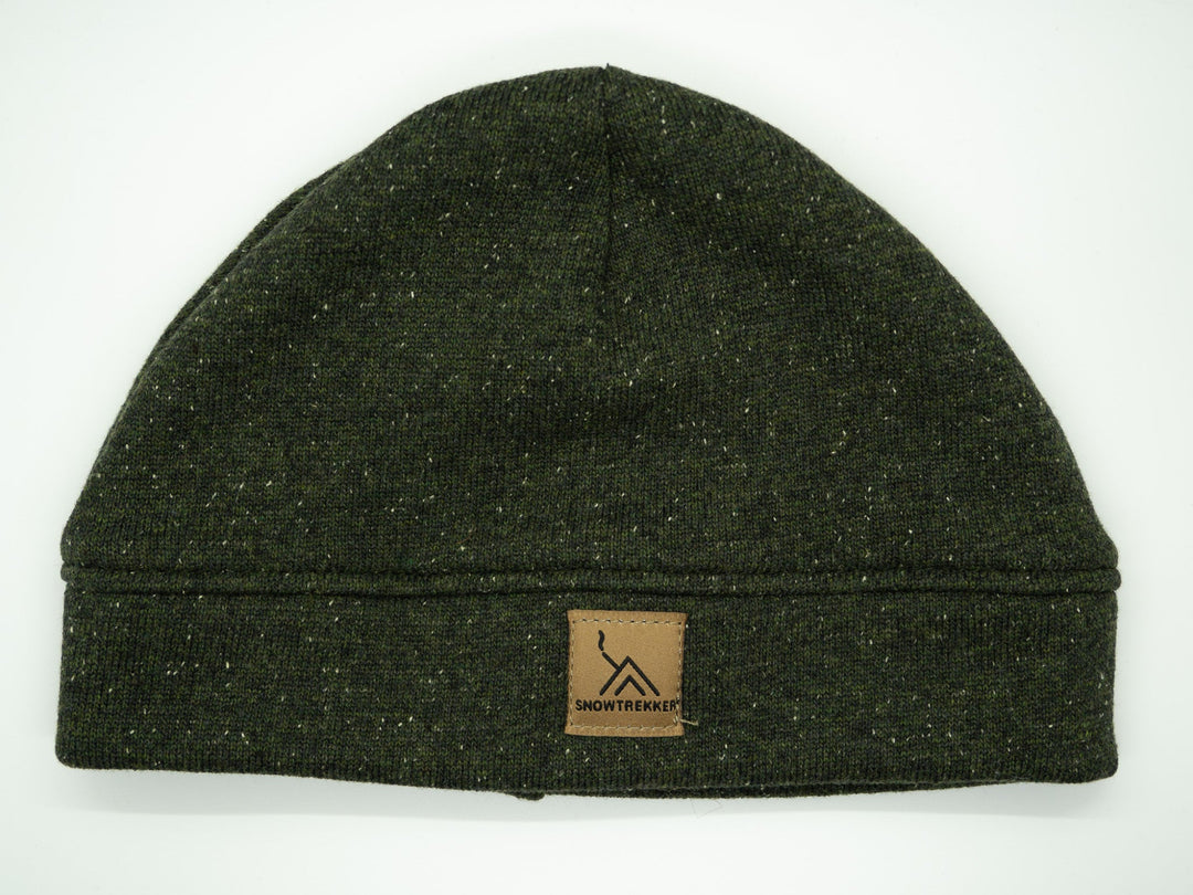 Dark green beanie with a brand label on a white background