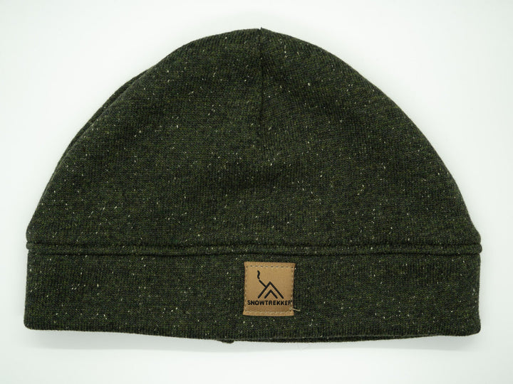 Dark green beanie with a brand label on a white background