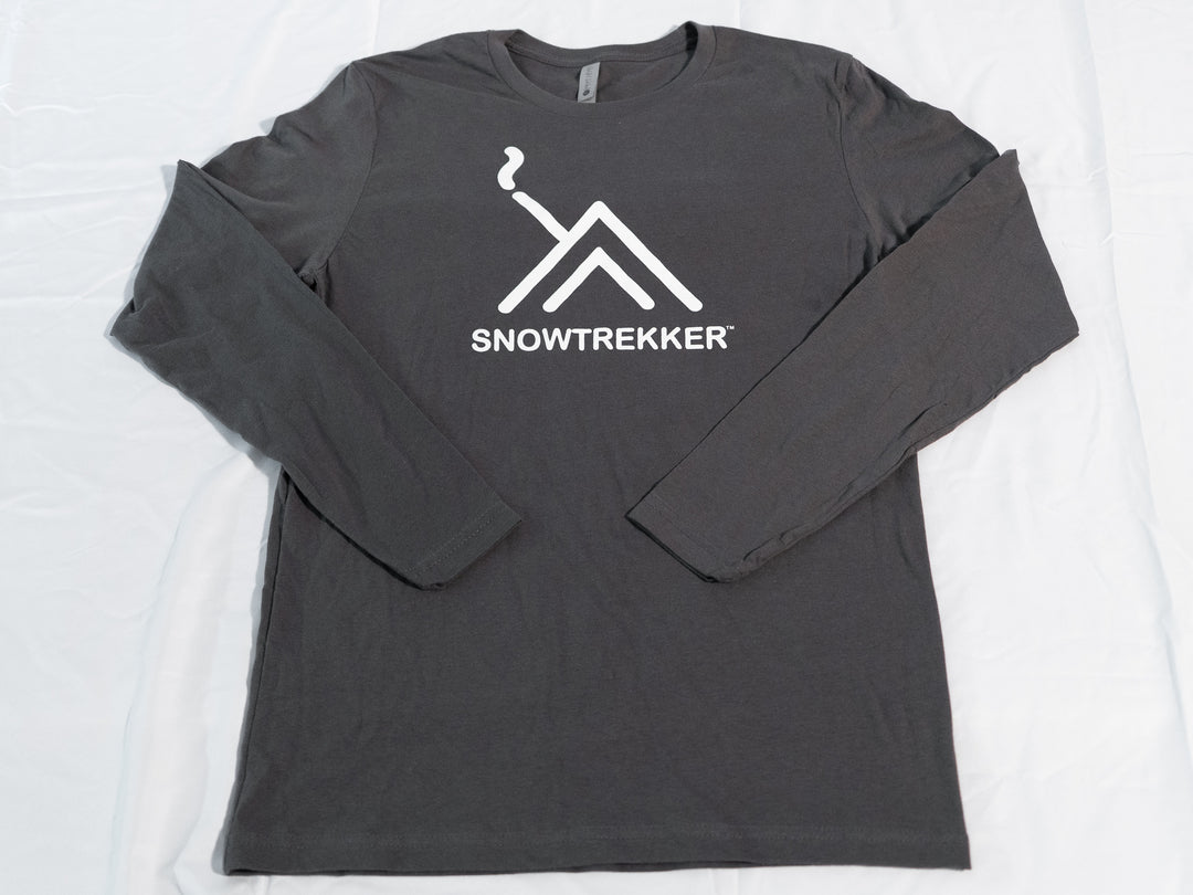 Gray long-sleeve shirt with SnowTrekker logo on a white background