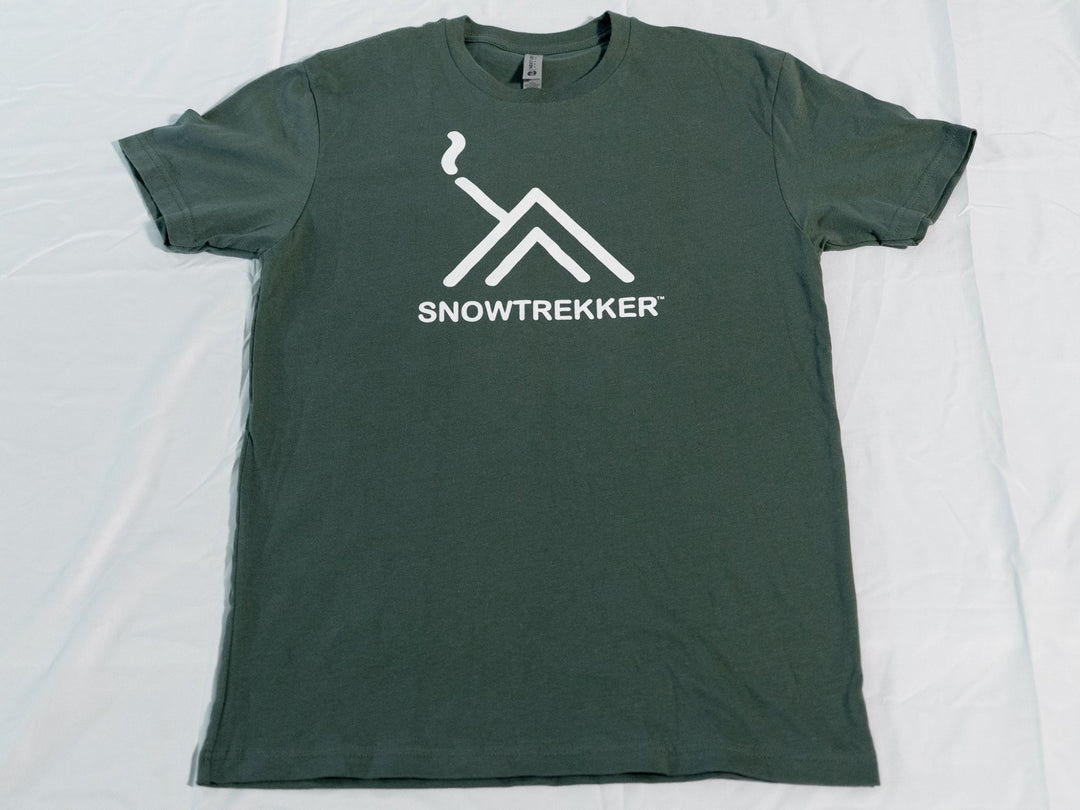 Green t-shirt with 'Snowtrekker' logo on a white background