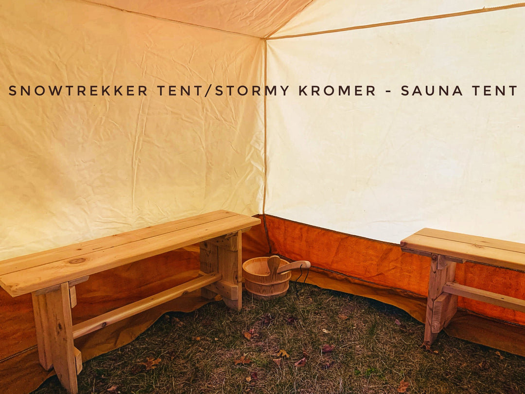 Snowtrekker Tent with wooden benches and a bucket inside, featuring Stormy Kromer branding.