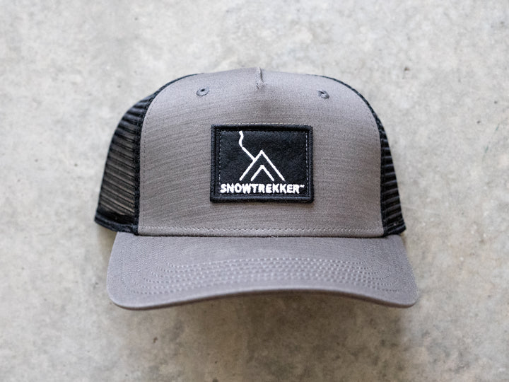 Snowtrekker Grey Black Logo Hat with black stiched logo sewn on front