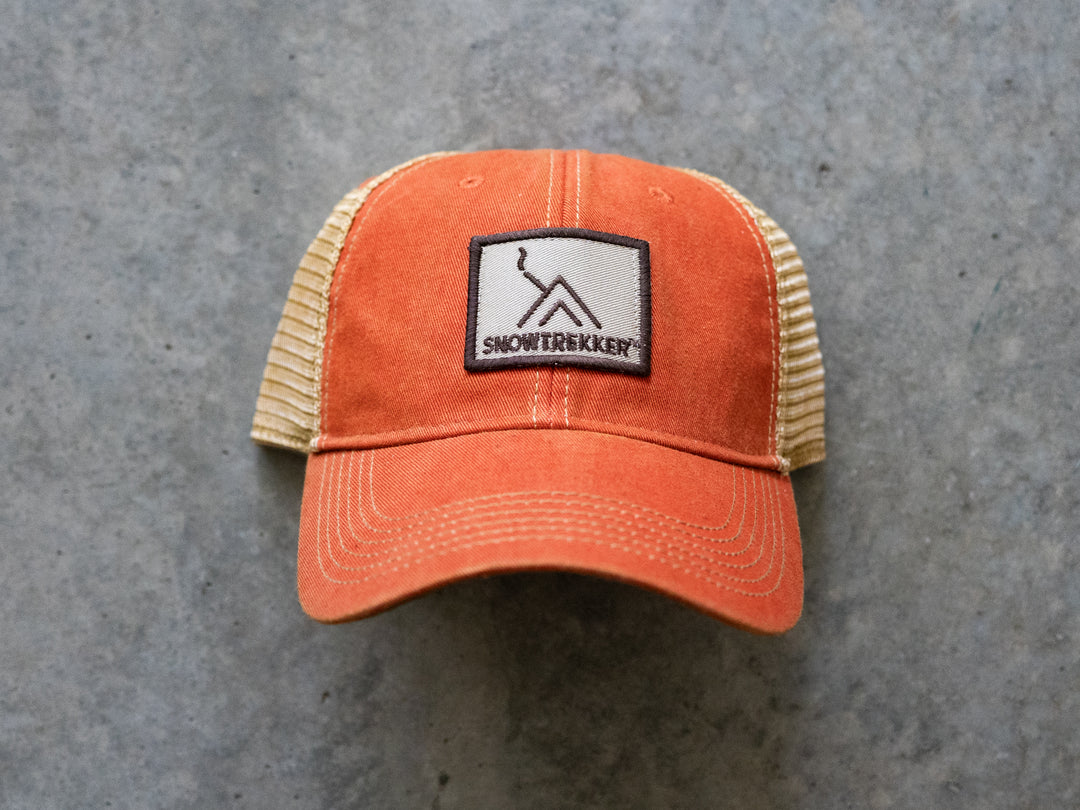 Snowtrekker Orange Logo Hat tan and brown woven logo patch 