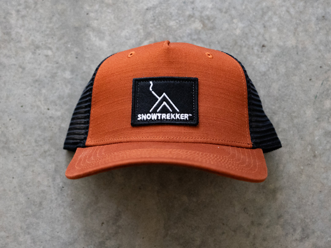 Snowtrekker Copper Logo Hat black white lettered woven logo patch