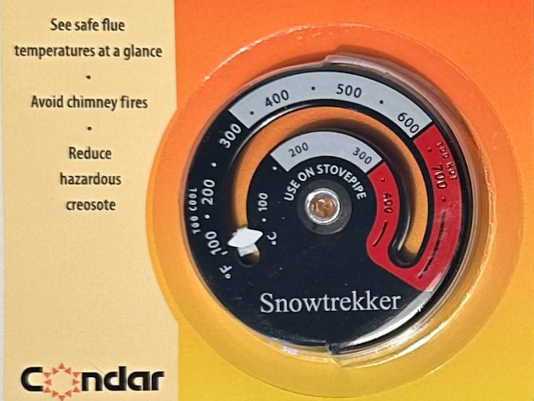 Snowtrekker stove pipe thermometer with black cold range white optimal burn range and red to hot range